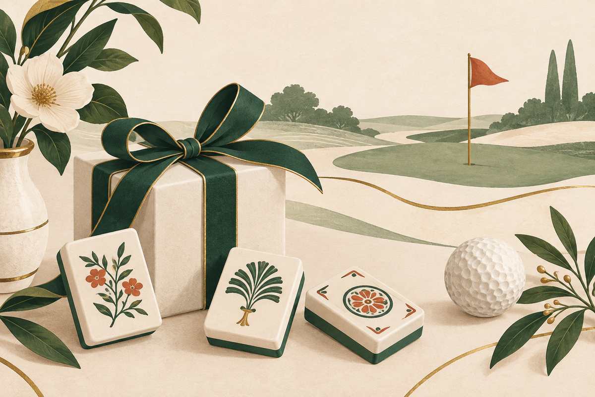 Golf gifts for Mahjong players with wrapped gift, Mahjong tiles, and fairway
