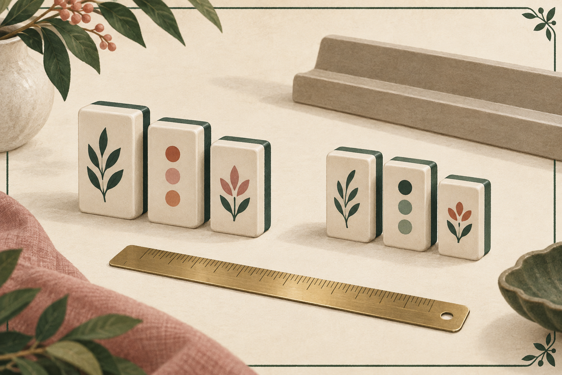 Editorial illustration comparing American Mahjong tile proportions beside a ruler