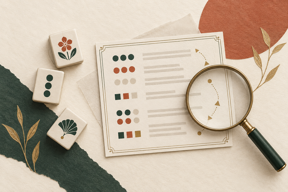 Editorial illustration of learning to read suit relationships and symbols on an American Mahjong card
