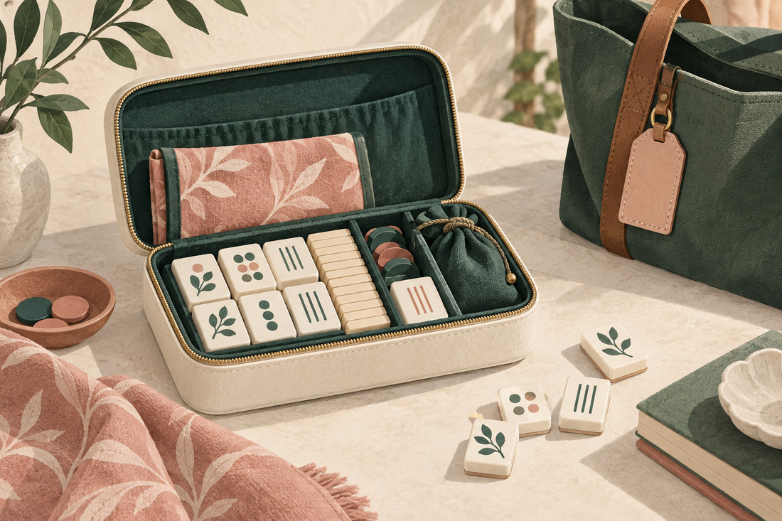 Editorial illustration of an organized American Mahjong set packed for travel
