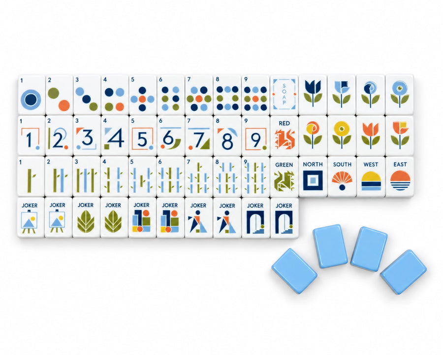 Complete Blooming Geometry American Mahjong set with white faces and sky-blue backs