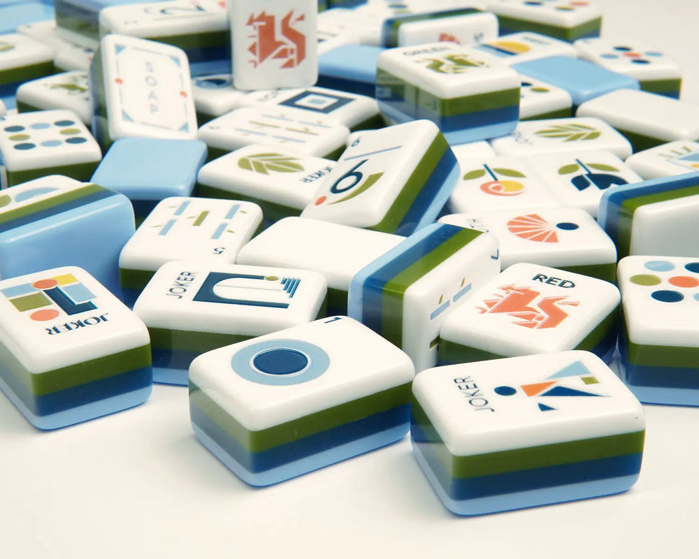 Blooming Geometry Mahjong tiles showing blue backs, green centers and white faces