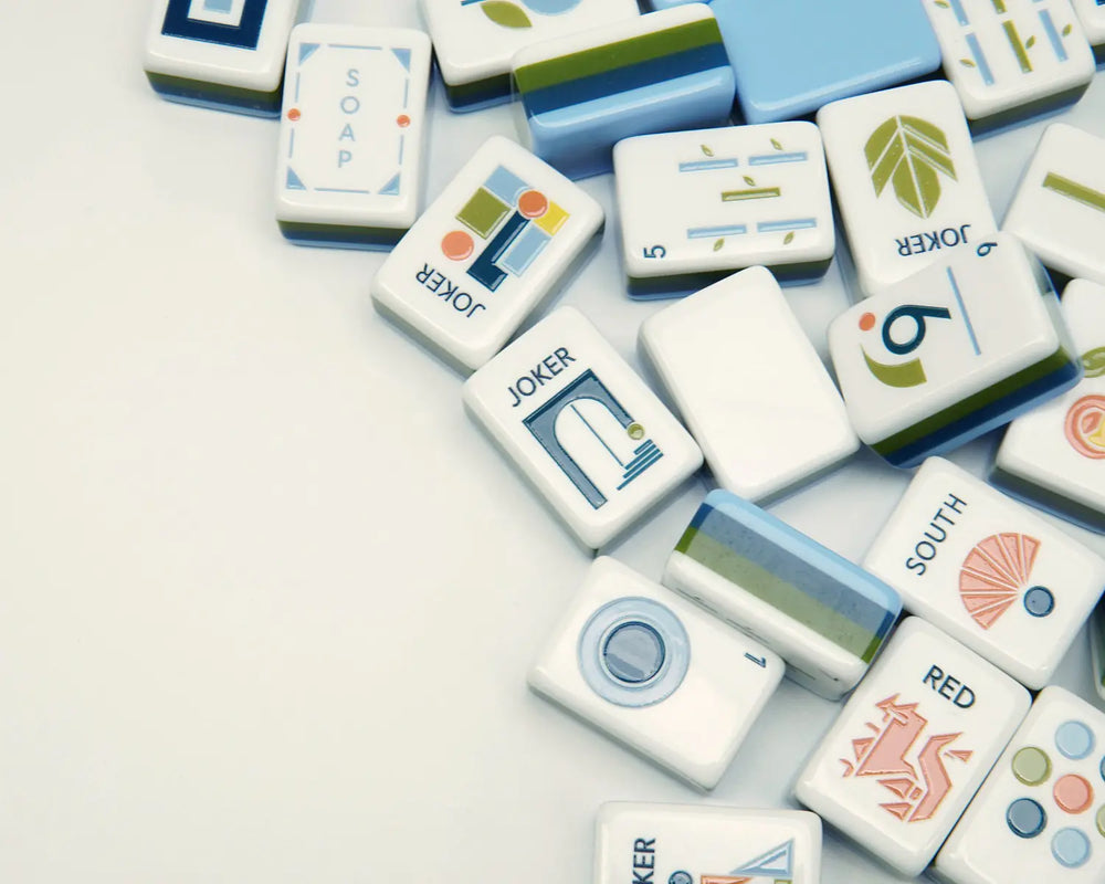Overhead flat lay of Blooming Geometry American Mahjong tiles