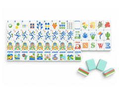 Complete Blue Manor American Mahjong set on a pure white background with white faces and seafoam layered backs