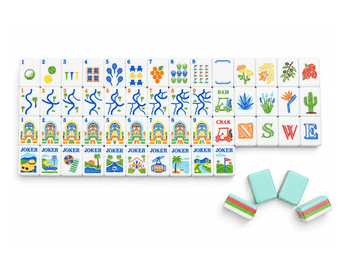 Complete Blue Manor American Mahjong set on a pure white background with white faces and seafoam layered backs