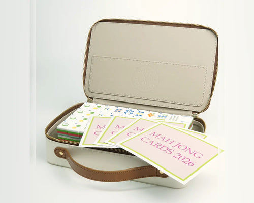 Blue Manor set packed in a cream storage case with four Mahjong rule cards