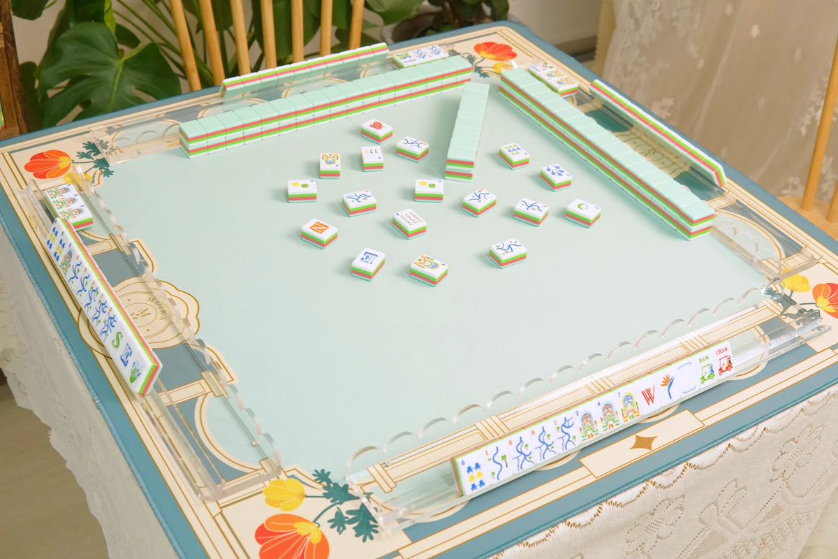 Blue Manor American Mahjong Set paired with Blue Estate Mahjong Mat. Coordinating mat and racks sold separately.