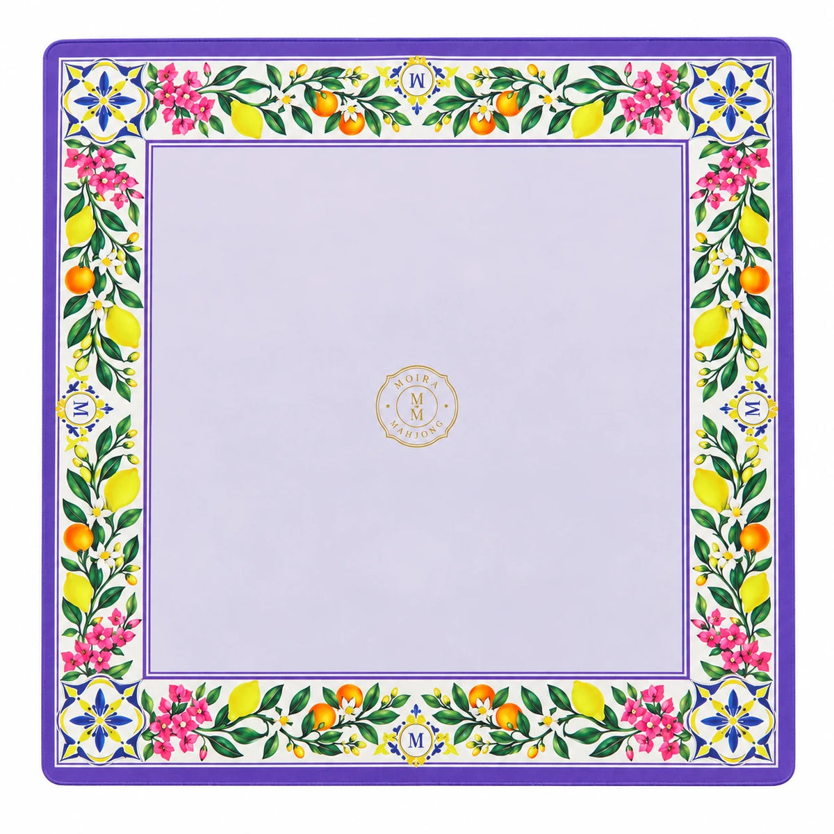 Capri Lemon Mahjong Mat - full mat overview with a lavender center, lemon and floral border.