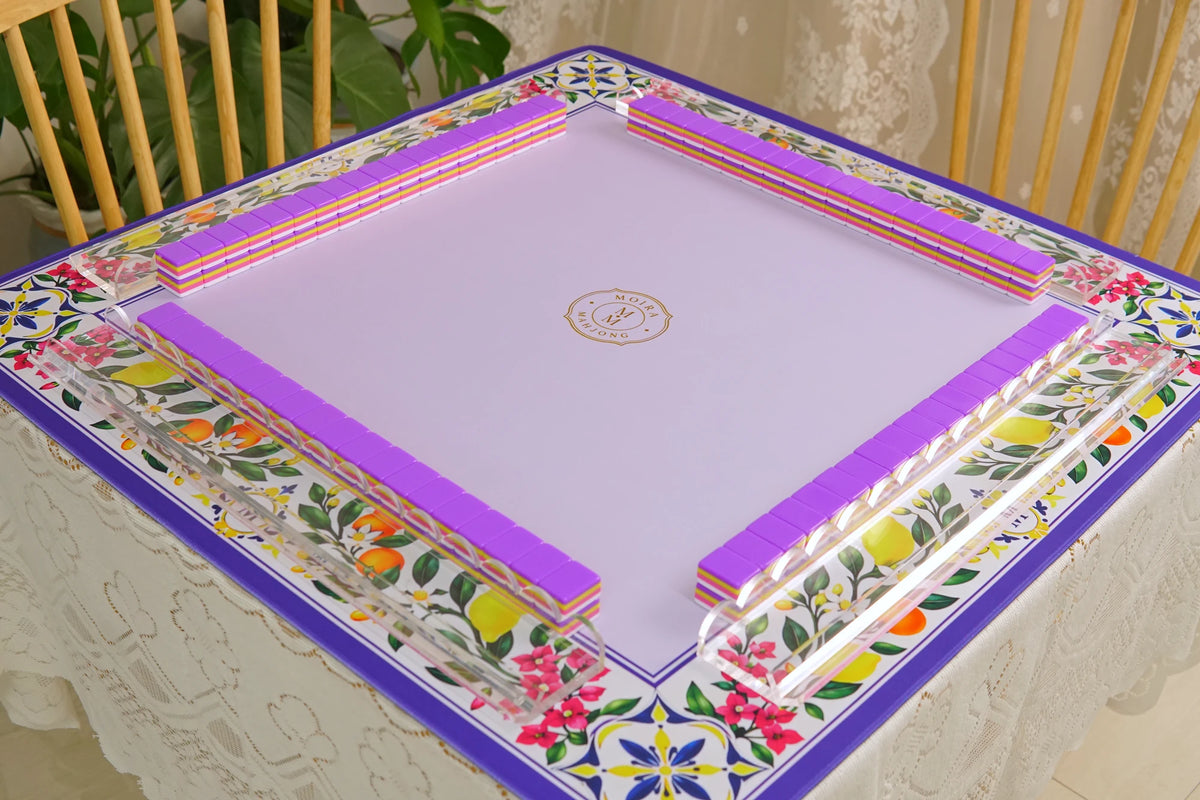 Capri Lemon Mahjong Mat in a table setting. Tiles and racks sold separately.