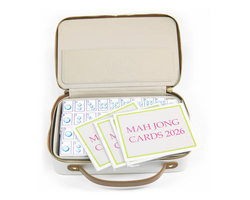 Alpine Slopes mahjong tiles in the open cream storage case with included table reference cards