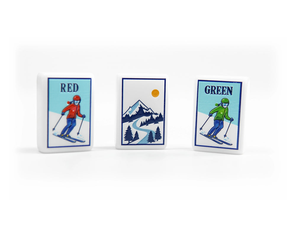 Alpine Slopes red skier, snowy mountain and green skier Dragon tiles