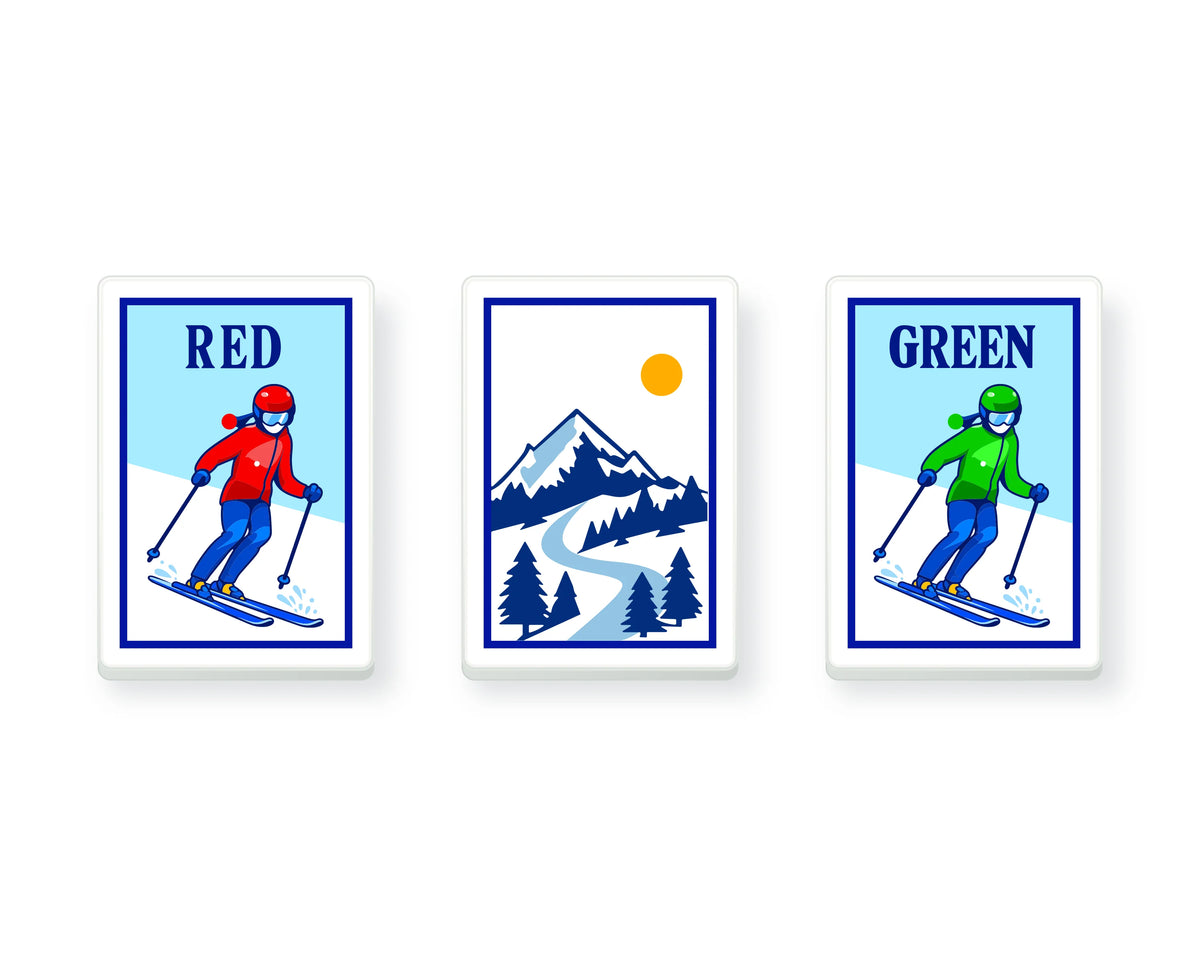 Alpine Slopes — red skier, mountain White Dragon and green skier, original artwork product rendering