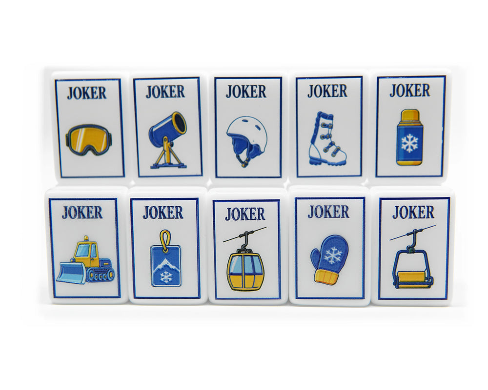 All ten Alpine Slopes Joker illustrations including goggles, ski lifts, helmet, boots, mittens and snowcat