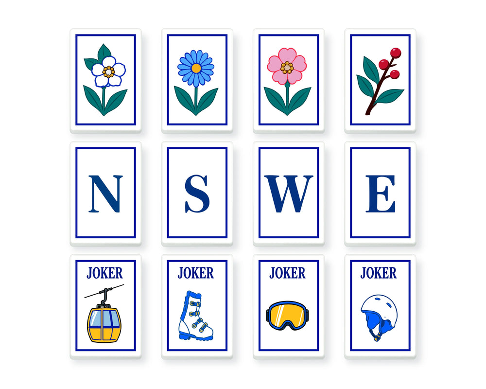 Alpine Slopes Flowers, Winds and ski-themed Jokers arranged in a mixed flatlay