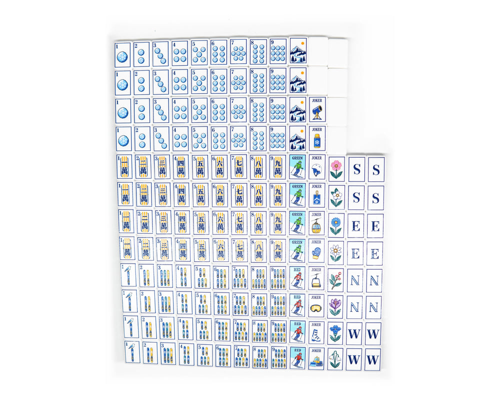 Complete Alpine Slopes 160-tile American mahjong set including 108 suits, 12 Dragons, 16 Winds, 8 Flowers, 10 Jokers and 6 blank spares