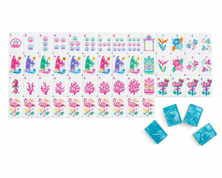 Complete Pink Shores American Mahjong set with white tile faces and turquoise backs