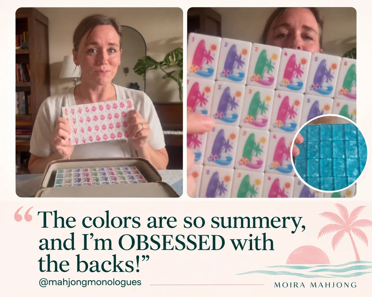 Mahjong Monologues quote on Pink Shores American Mahjong set and turquoise backs